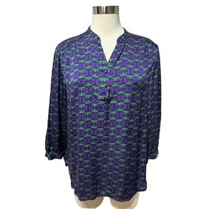Elizabeth McKay Silk Geometric Blouse Womens 14 Preppy Popover Top 3/4 Sleeve